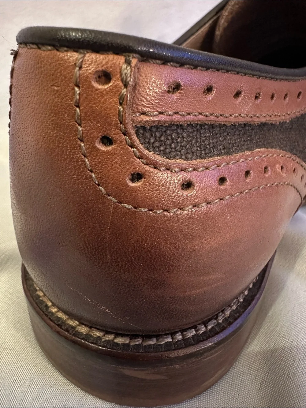 Johnston & Murphy Brown Leather Wingtip Oxfords with Olive Fabric Panels